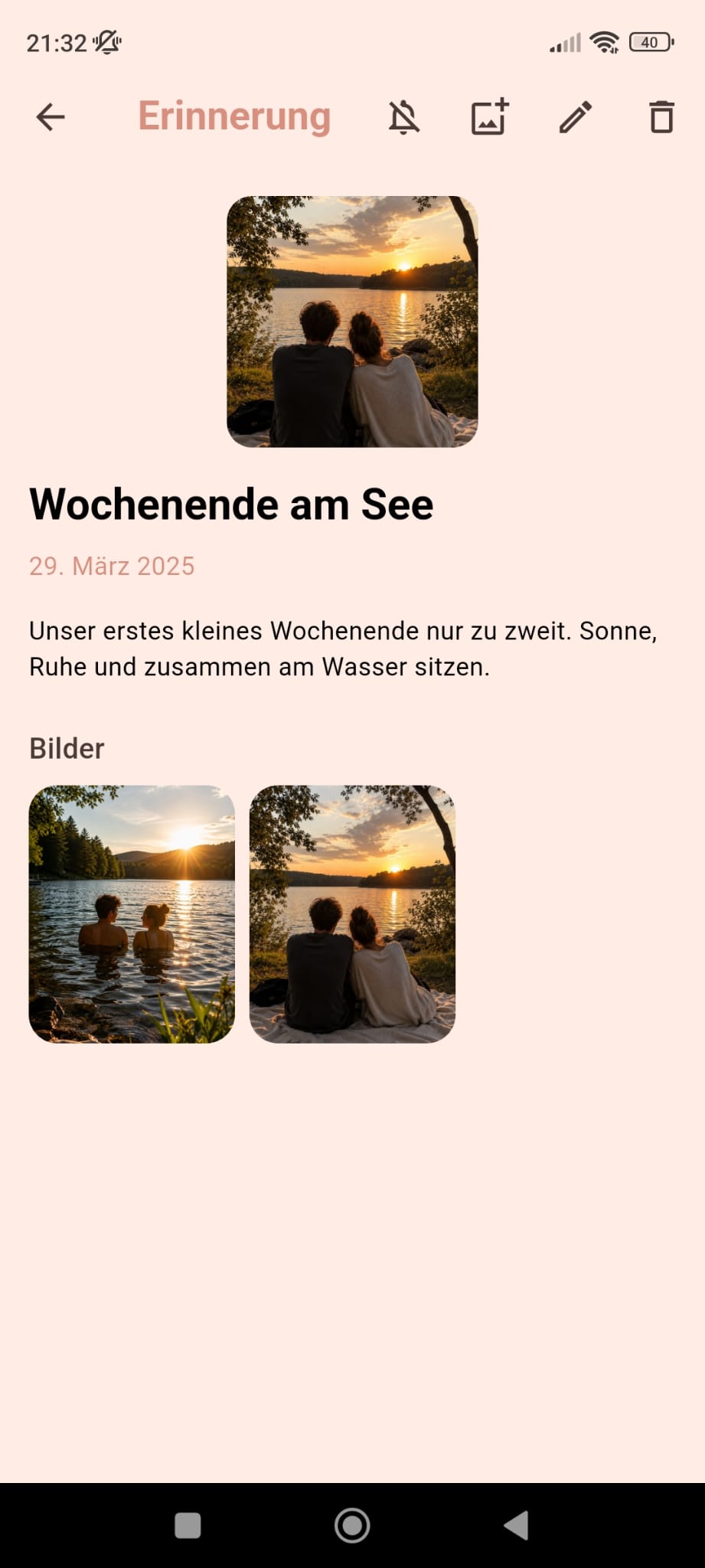 Screenshot der Love-Chronicle-App: Detailansicht einer Erinnerung mit Titel, Datum, Beschreibung und Fotos