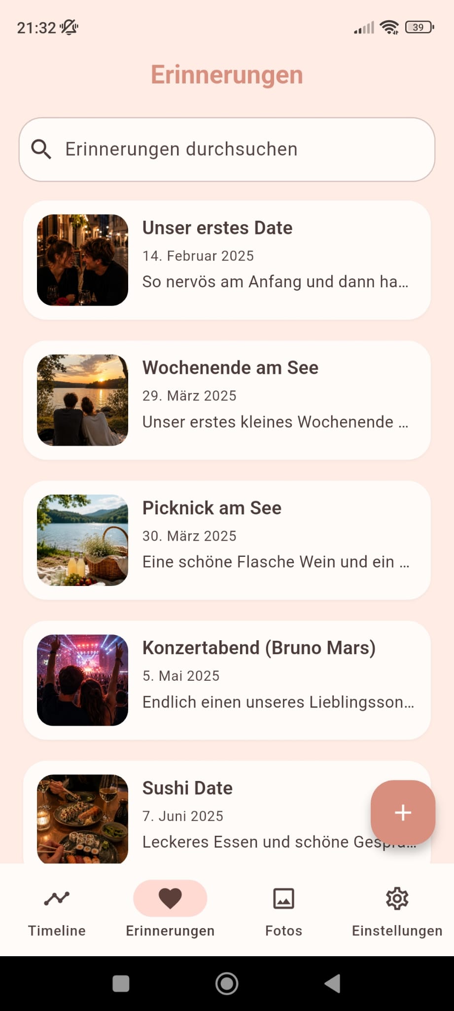 Screenshot der Love-Chronicle-App: Erinnerungsübersicht mit allen Einträgen