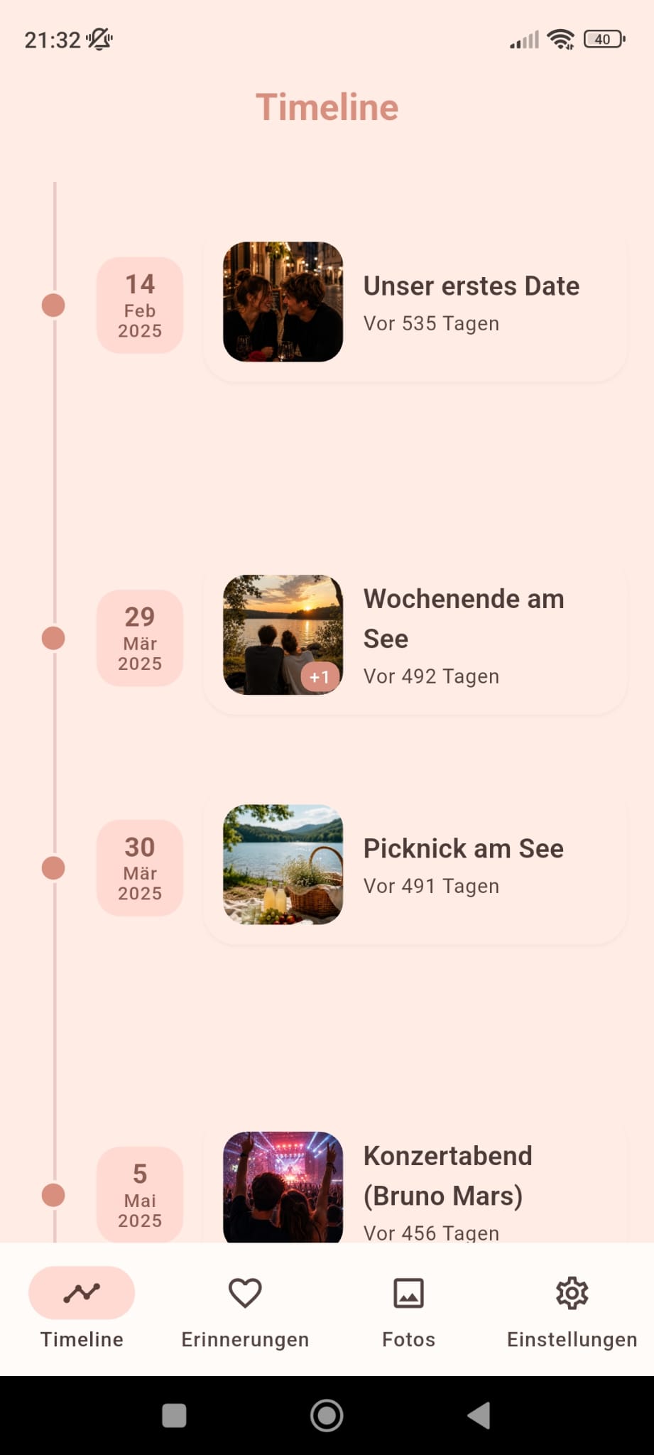 Screenshot der Love-Chronicle-App: Timeline mit gemeinsamen Erinnerungen
