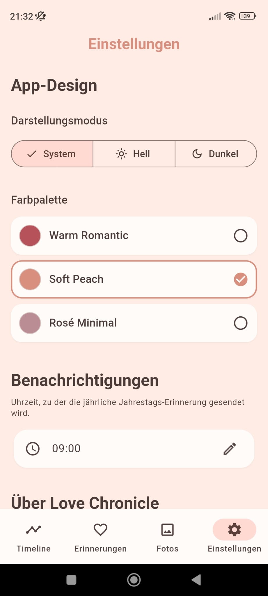 Screenshot der Love-Chronicle-App: Einstellungen mit Farbpaletten und Darstellungsmodus
