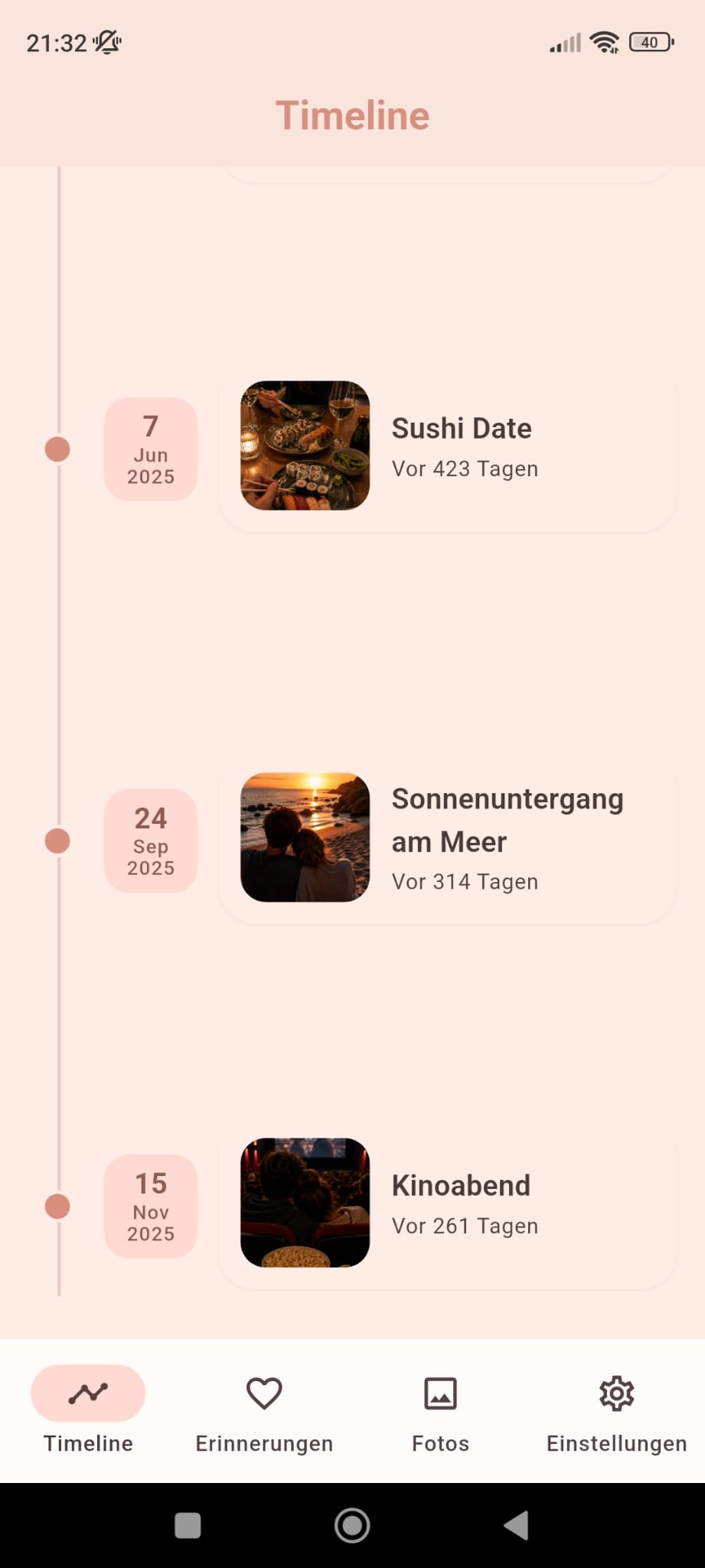 Screenshot der Love-Chronicle-App: chronologische Timeline mit gemeinsamen Erinnerungen